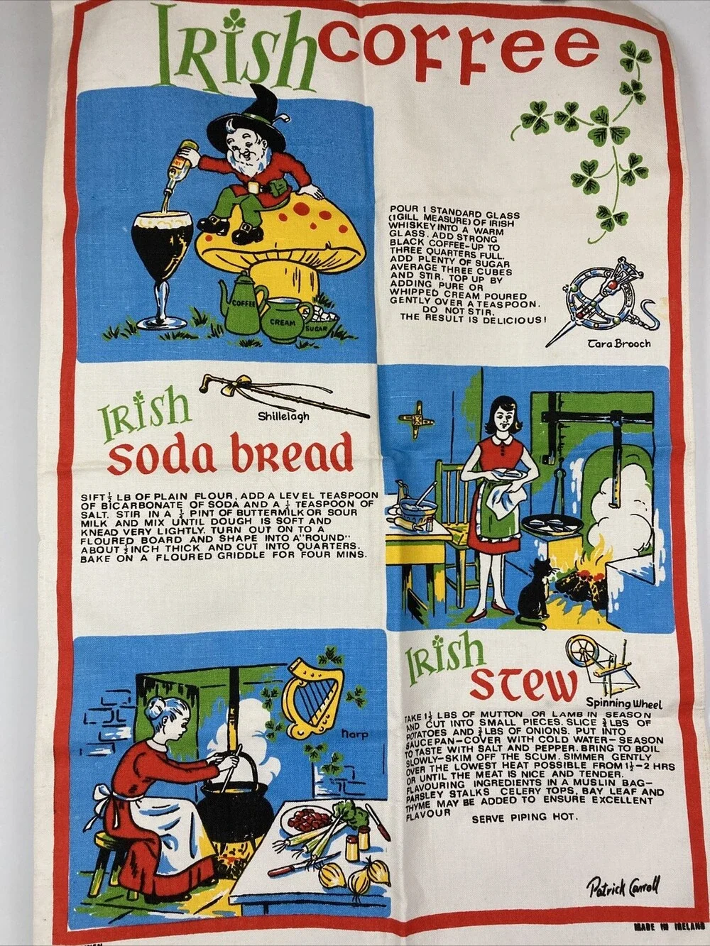 VTG 100% Linen Irish Tea Towel - Coffee Recipes & Elf Soda Bread Design